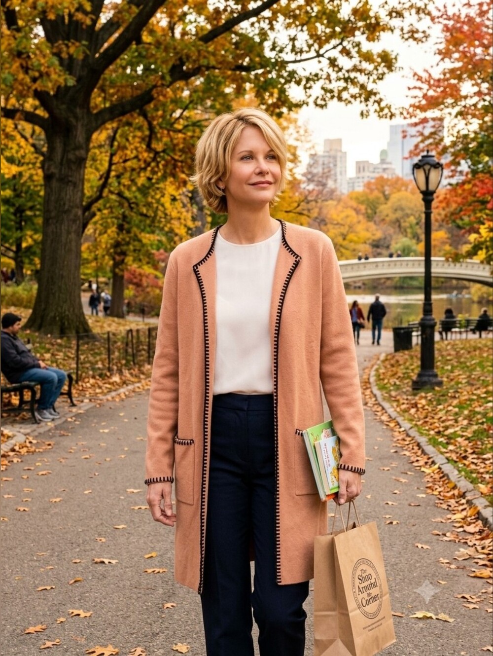 Peach Open-Front Long Coat with Contrast Trim - Women's Jacket